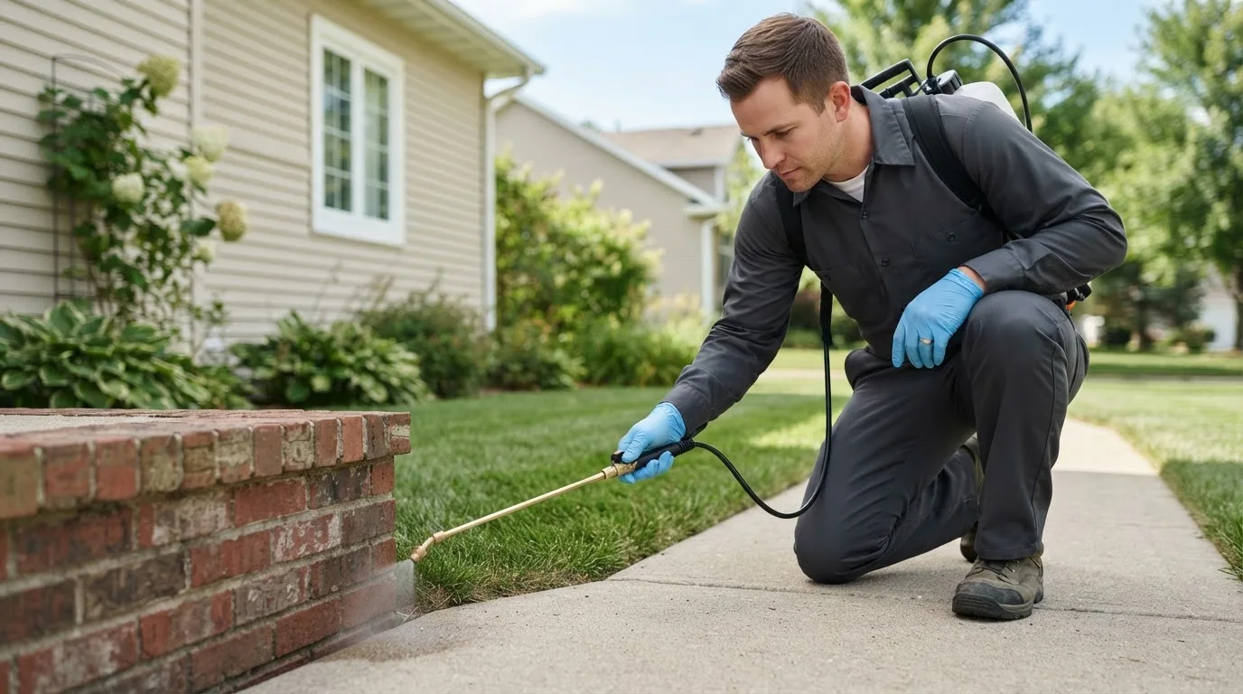 Pest control technician treating a home near Thorndale, PA